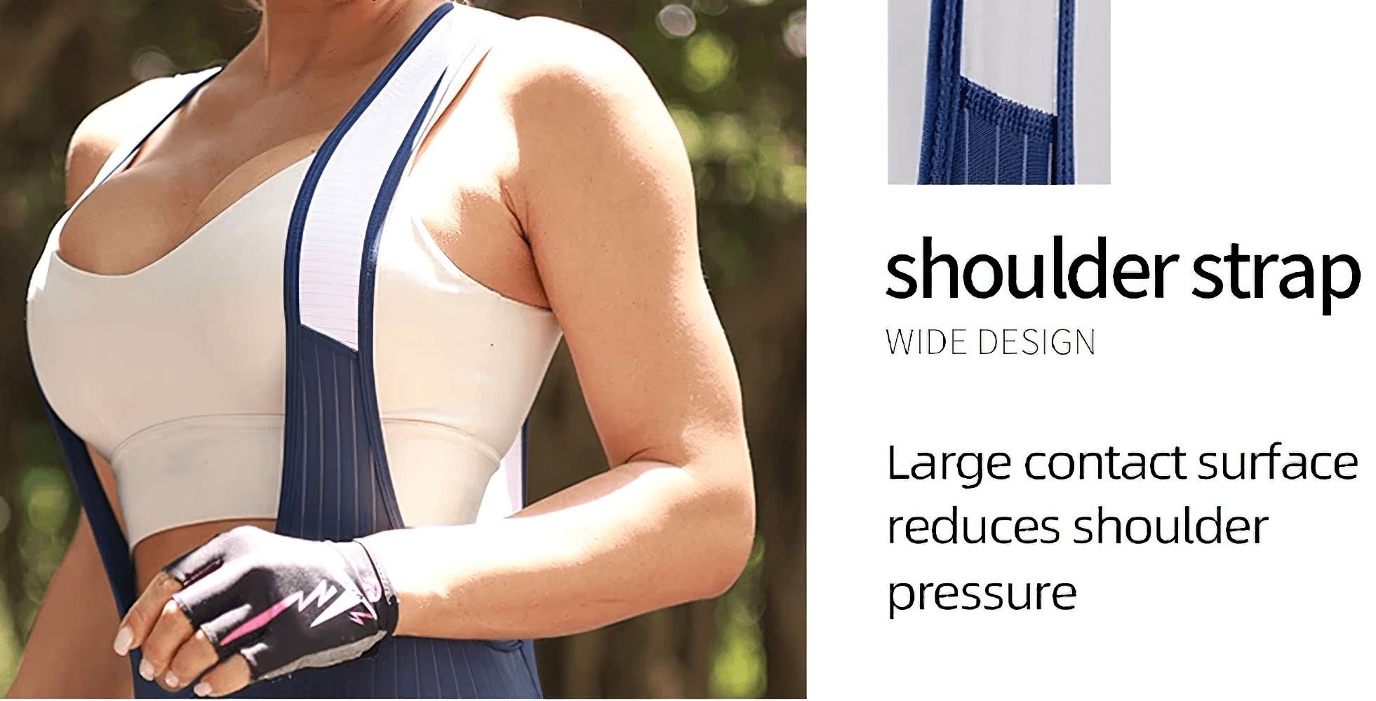 Women's cycling bib shorts with suspenders showcasing wide shoulder straps for reduced pressure, ideal for summer rides.