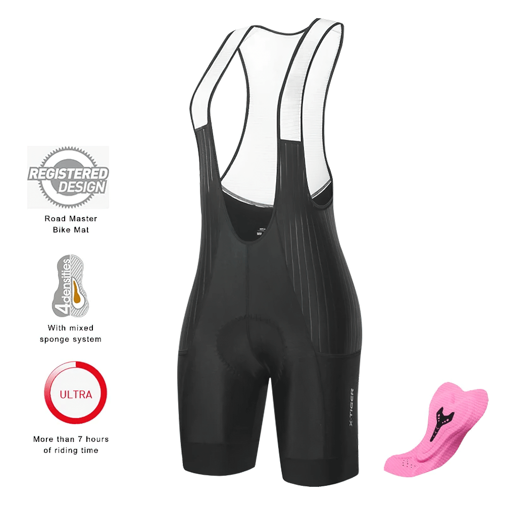 Women's cycling bib shorts with suspenders and ultra pad, ideal for summer road and MTB rides. Durable black polyester and lycra fit.