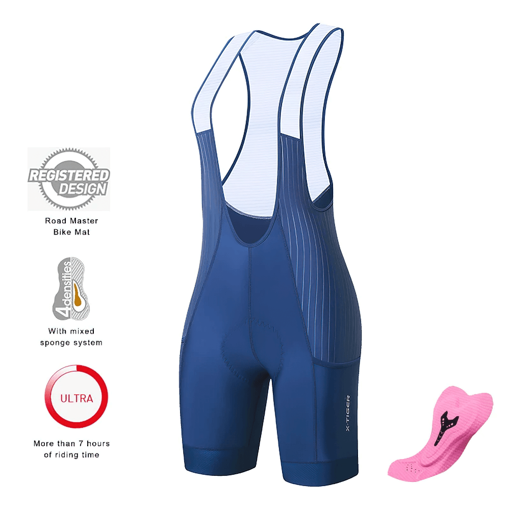 Women's Cycling Bib Shorts with Pad and Suspenders - SF2585, durable and ideal for summer road and MTB rides, navy blue color.