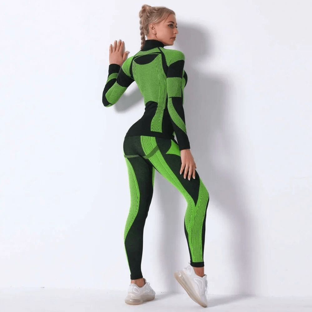 Women's elastic leggings and long sleeves top set in green and black for yoga