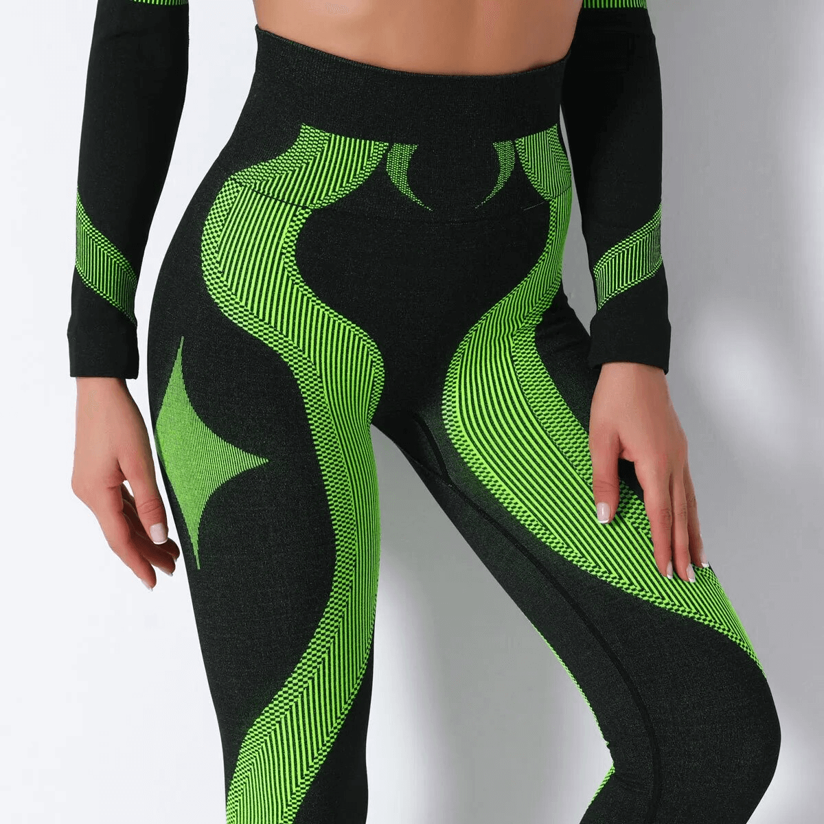 Women's elastic leggings and long sleeves top set in black and green for yoga, breathable polyester fabric, quick-dry design, SF1755.