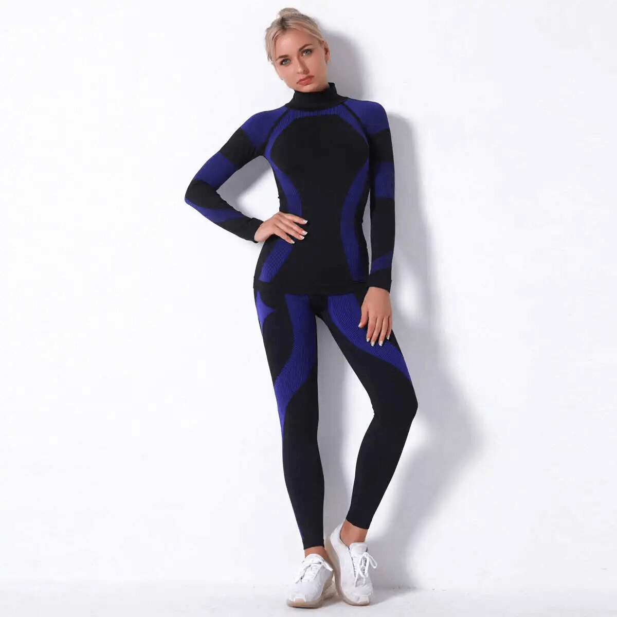 Women's elastic leggings and long sleeves top set in breathable polyester for yoga, quick-drying, SF1755 style.