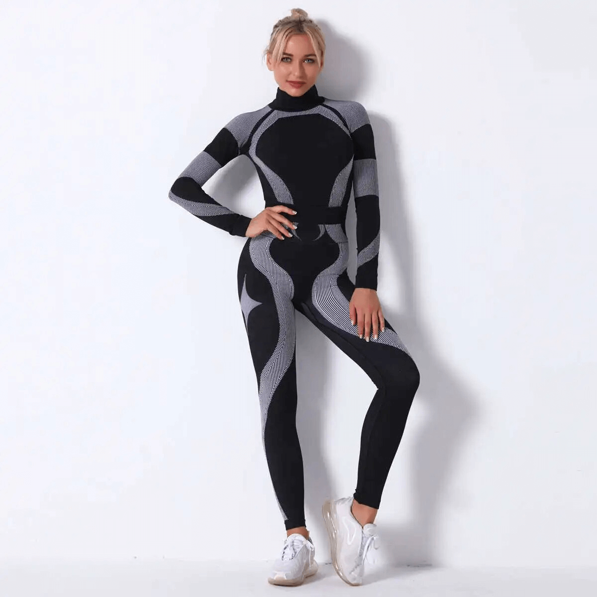 Women's elastic leggings and long sleeves top set, black and gray design, perfect for yoga and fitness, breathable polyester