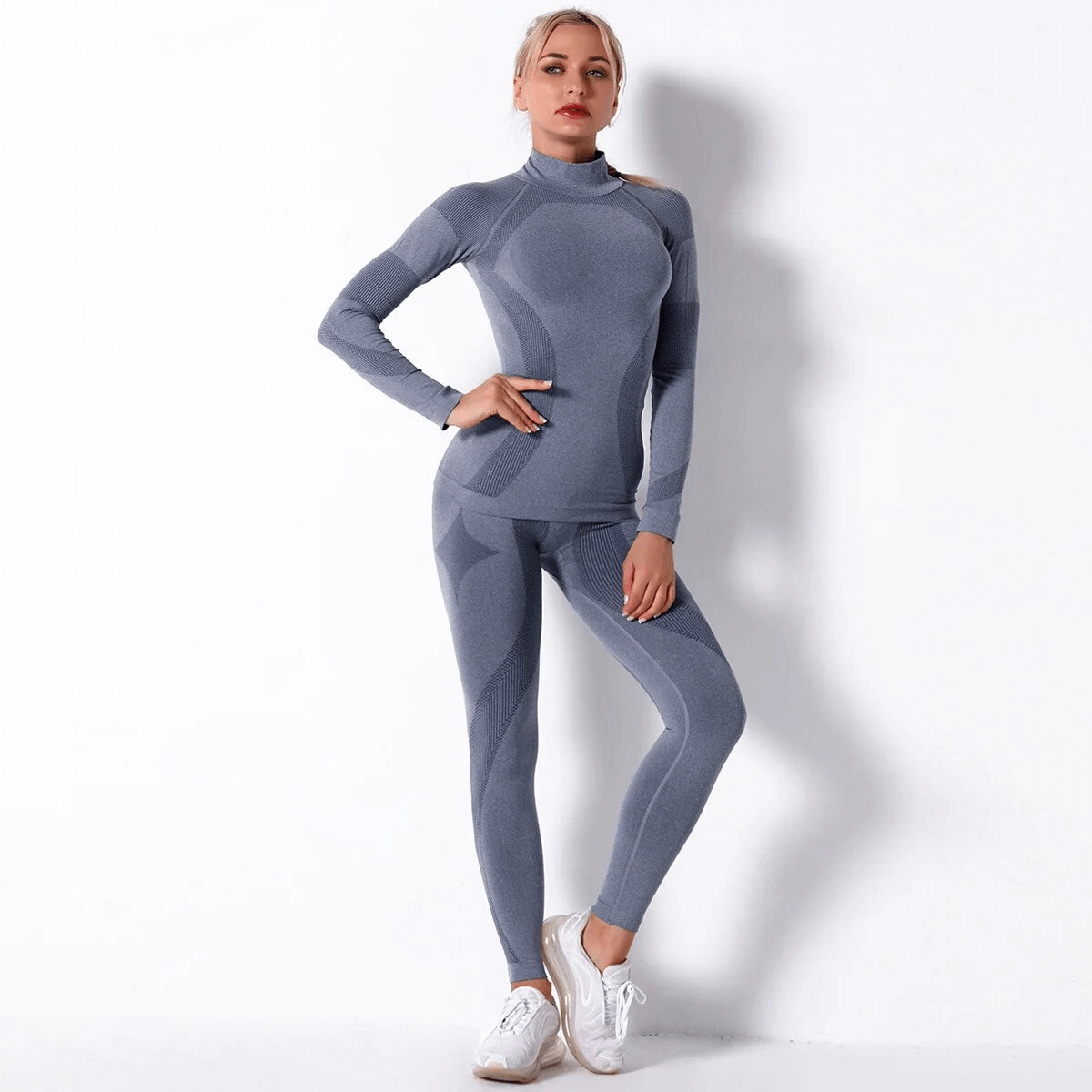Women's elastic leggings and long sleeves top set SF1755 in gray, perfect for yoga, made of breathable quick-dry polyester.