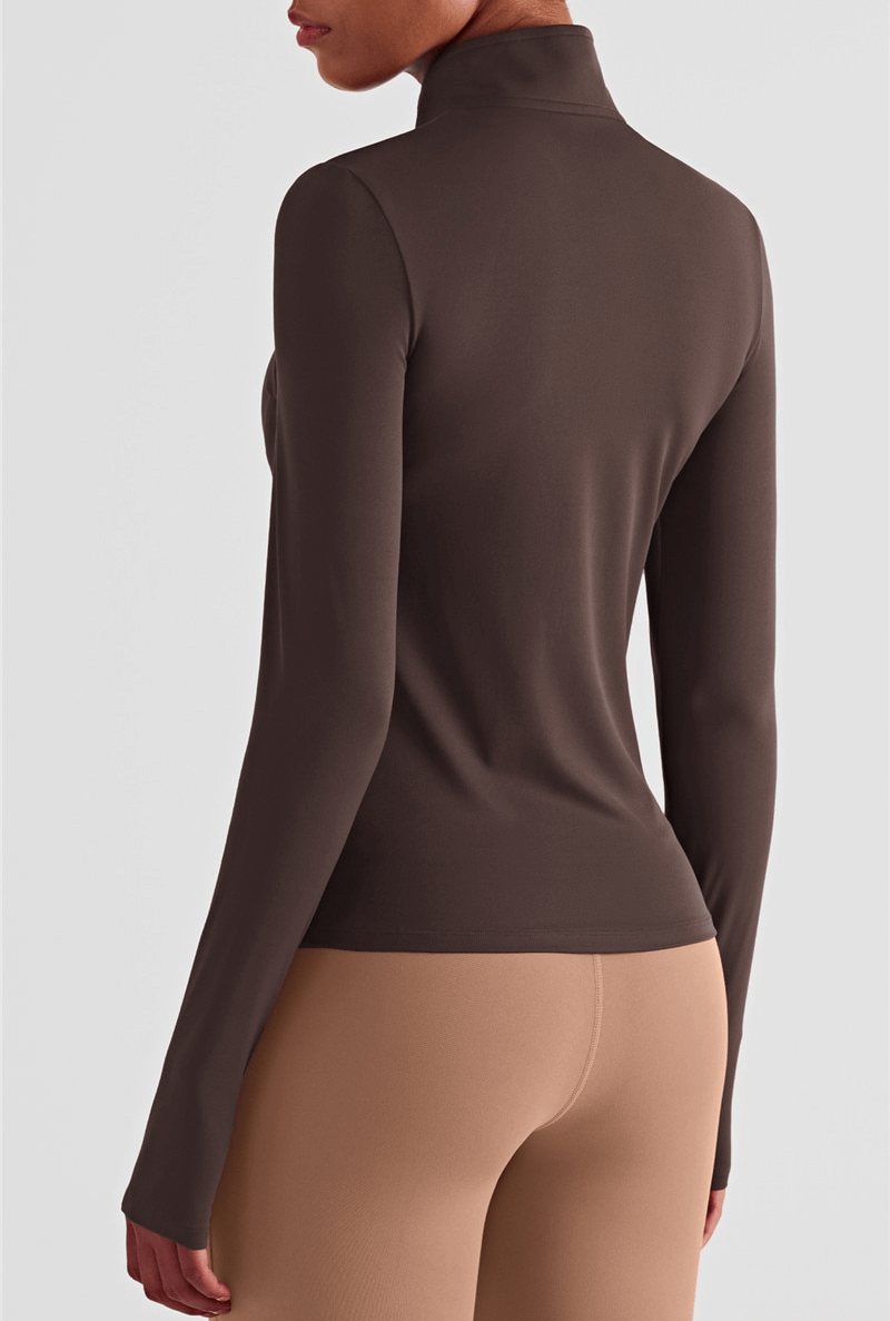 Back view of Women's Elastic Long Sleeve Finger Cut-Out Fitness Sports Sweatshirt in dark color.