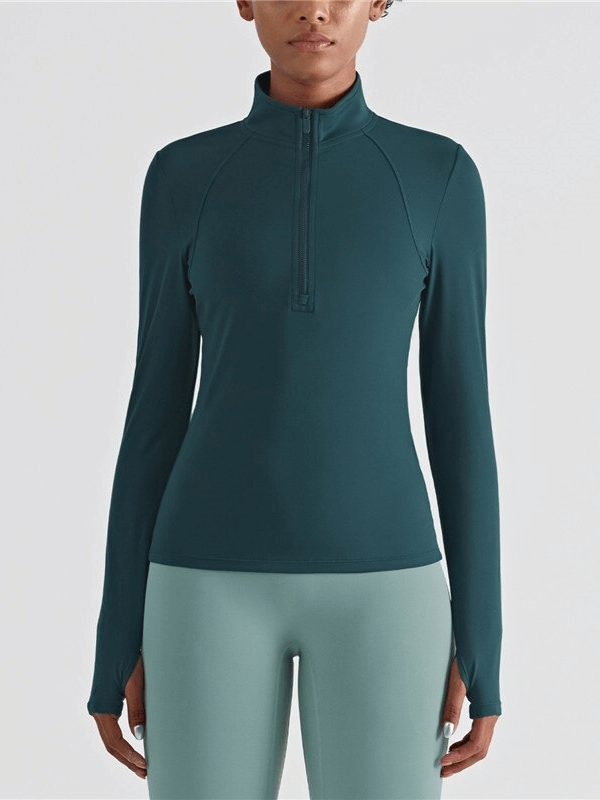 Women's elastic long sleeve teal fitness sweatshirt with finger cut-out for athletic comfort and style, featuring breathable fabric.