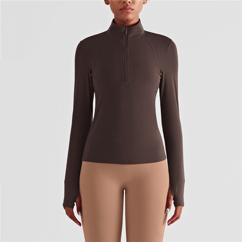 Women's long sleeve finger cut-out fitness sweatshirt in dark gray, featuring high collar and athletic fit for versatile workouts.