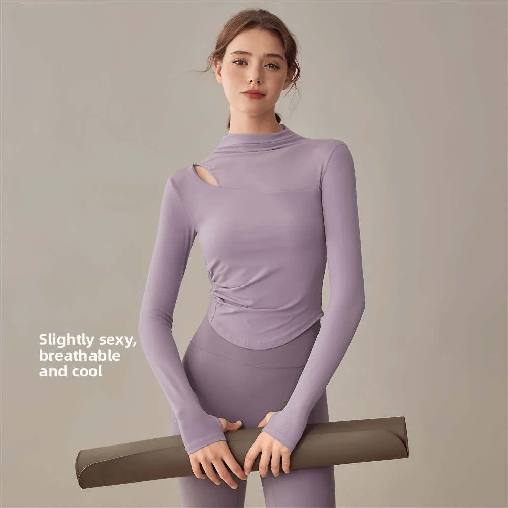 Woman wearing Women's Elastic Mesh Long Sleeve Yoga Top - SF4177 in lavender, ideal for yoga and workouts.