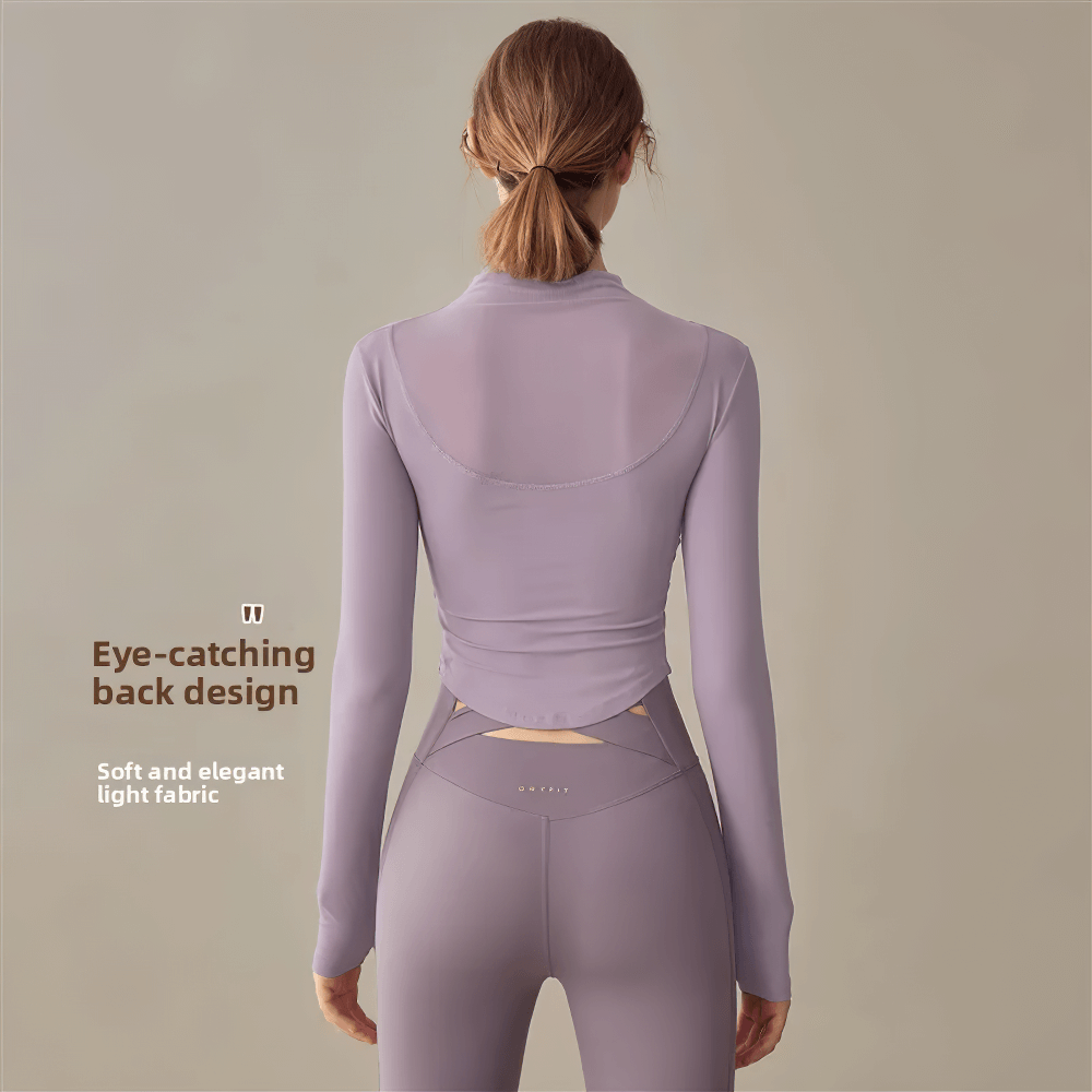Back view of Women's Elastic Mesh Long Sleeve Yoga Top - SF4177 in purple, highlighting mesh fabric and elegant sportswear style.