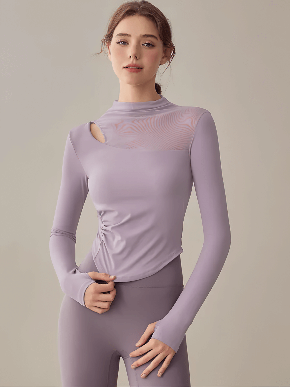 Model wears Women's Elastic Mesh Long Sleeve Yoga Top - SF4177 in soft lavender, showcasing sporty style and breathable mesh fabric.