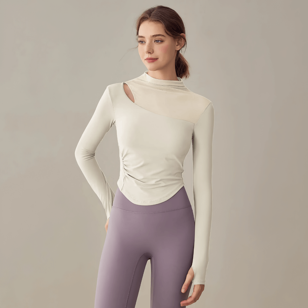Model wearing Women's Elastic Mesh Long Sleeve Yoga Top - SF4177, showcasing sleek sporty style and breathable fabric for active comfort.