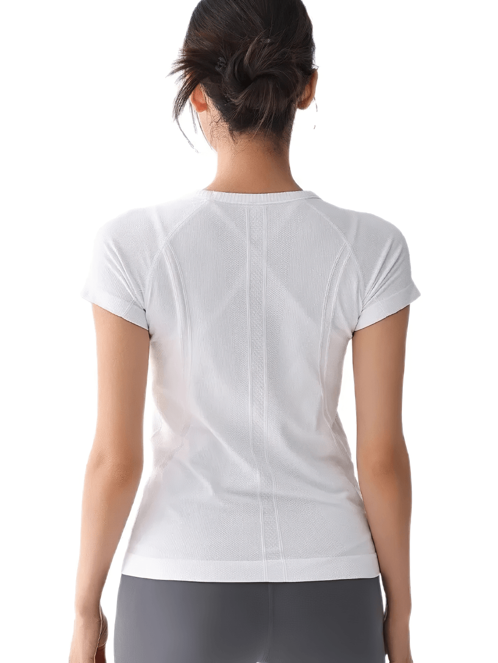 Alt Tag: Women's Elastic Round Neck Activewear T-Shirt - SF4462 back view, white quick-dry seamless knit yoga gym tee with short sleeves