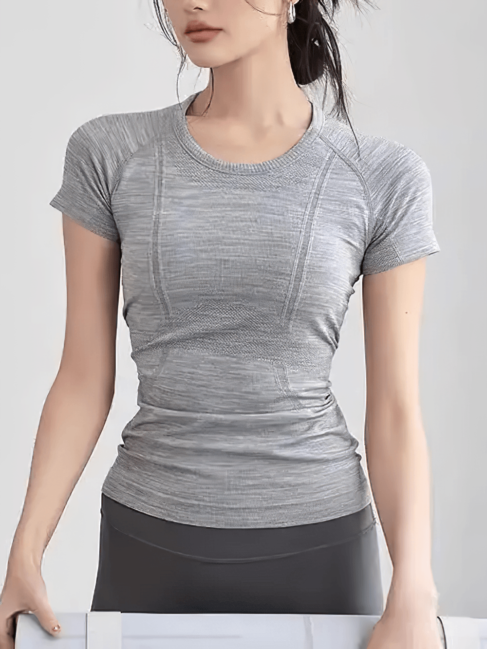 Alt Tag: Women's Elastic Round Neck Activewear T-Shirt - SF4462 gray quick-dry round neck yoga tee with sculpting panels