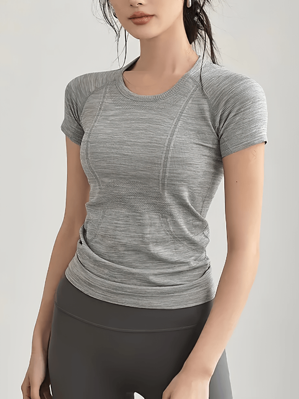 Alt Tag: Women's Elastic Round Neck Activewear T-Shirt - SF4462 gray quick-dry round neck short sleeve yoga gym top with sculpting panels