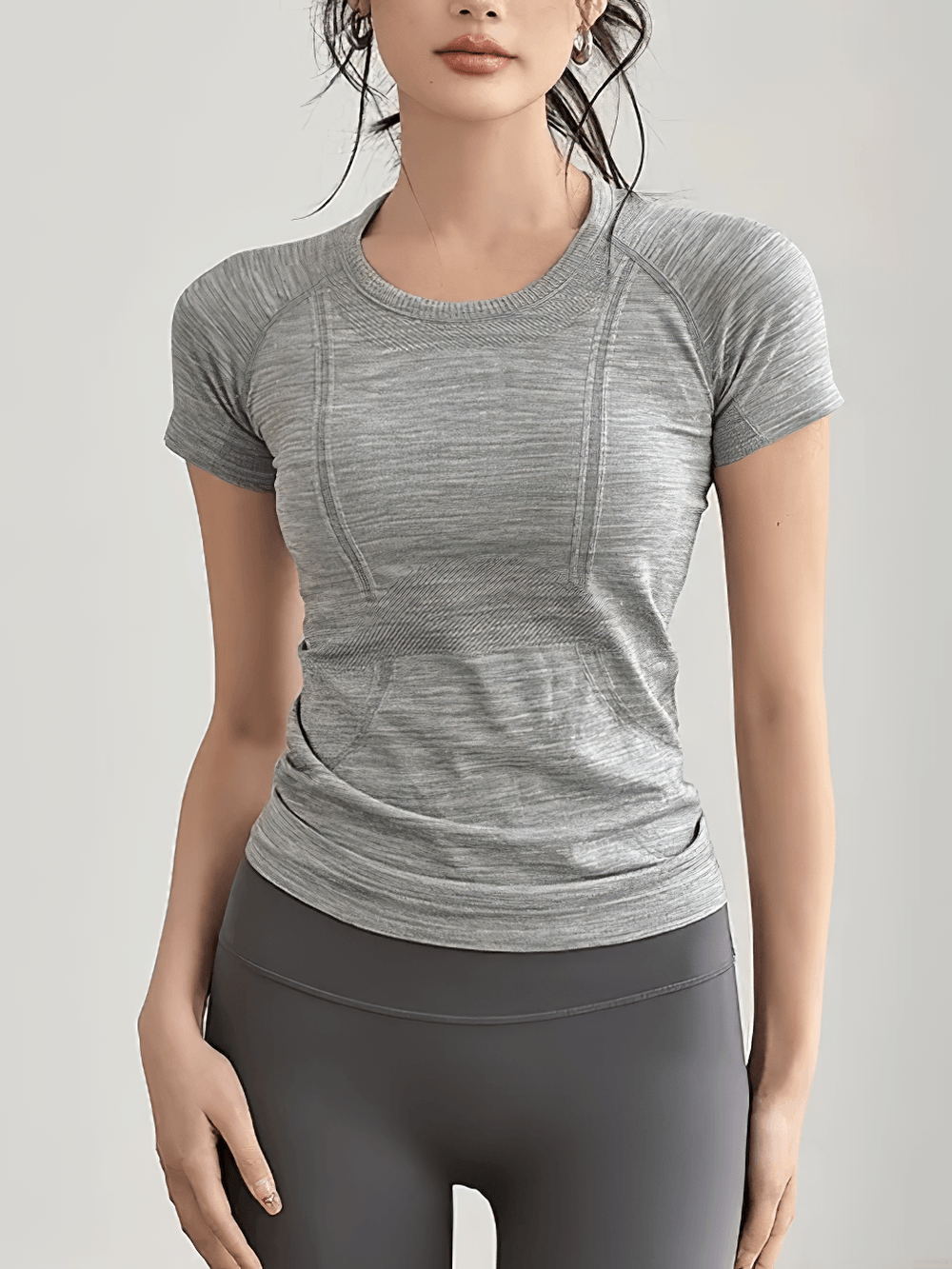 Alt Tag: Women's Elastic Round Neck Activewear T-Shirt - SF4462 gray quick-dry round neck short sleeve yoga gym top with sculpting panels