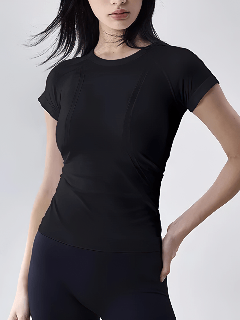 Alt Tag: Women's Elastic Round Neck Activewear T-Shirt - SF4462 black quick-dry seamless knit yoga gym short sleeve fitted top