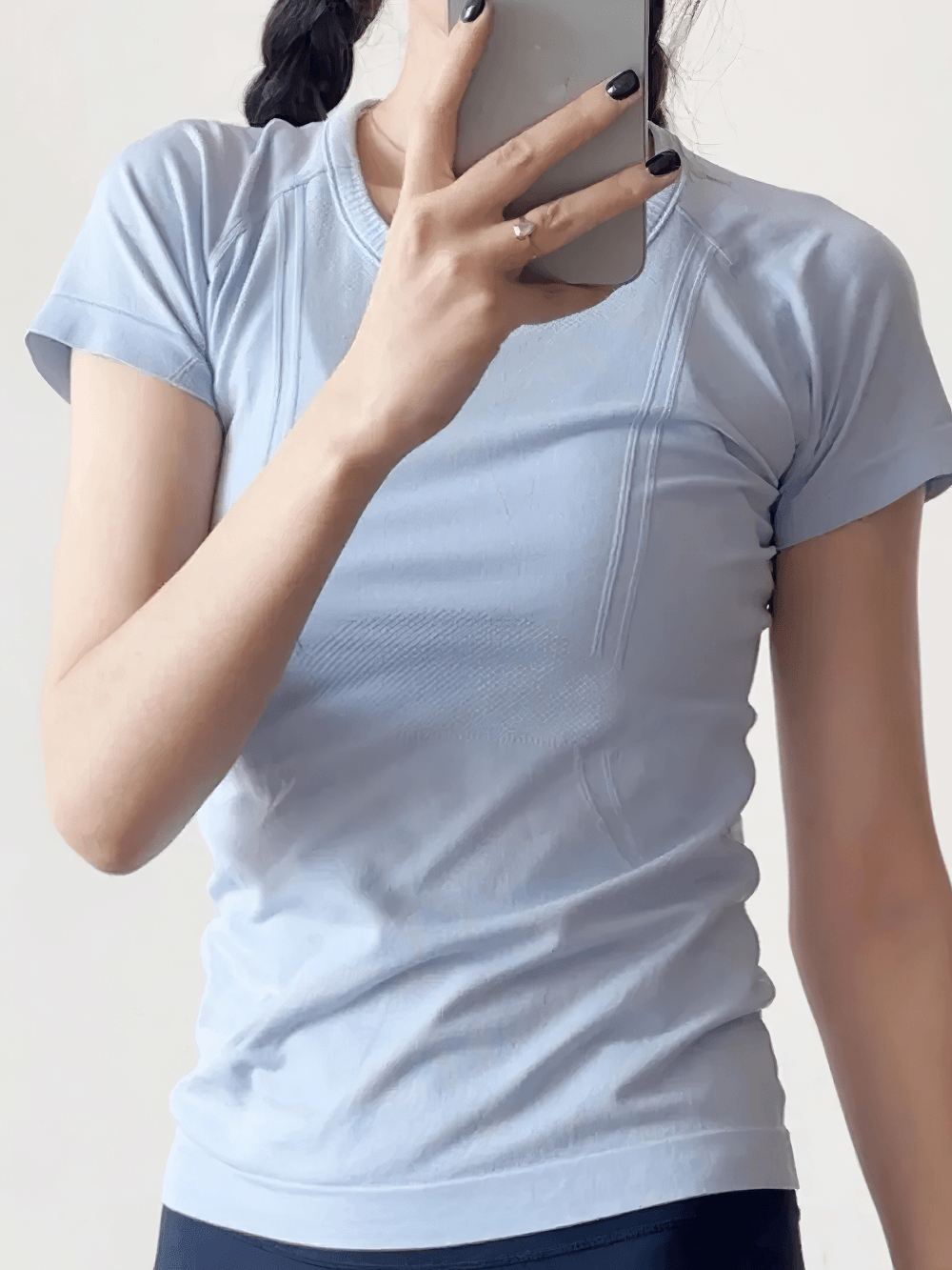 Alt Tag: Women's Elastic Round Neck Activewear T-Shirt - SF4462 light blue quick-dry seamless knit yoga gym short sleeve top