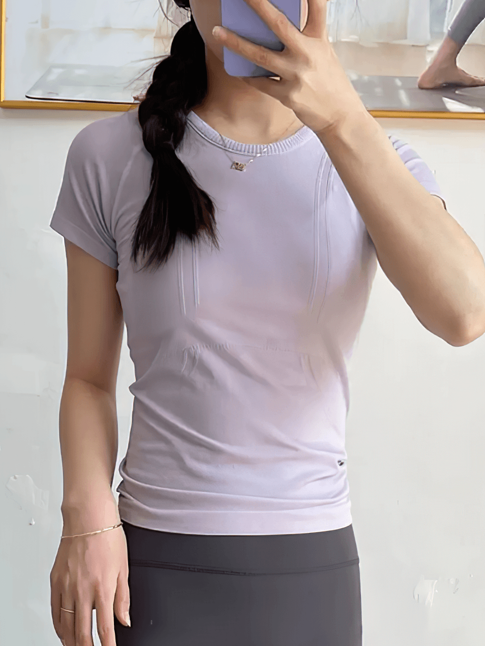 Alt Tag: Women's Elastic Round Neck Activewear T-Shirt - SF4462 quick-dry round neck short sleeve yoga gym top in light purple