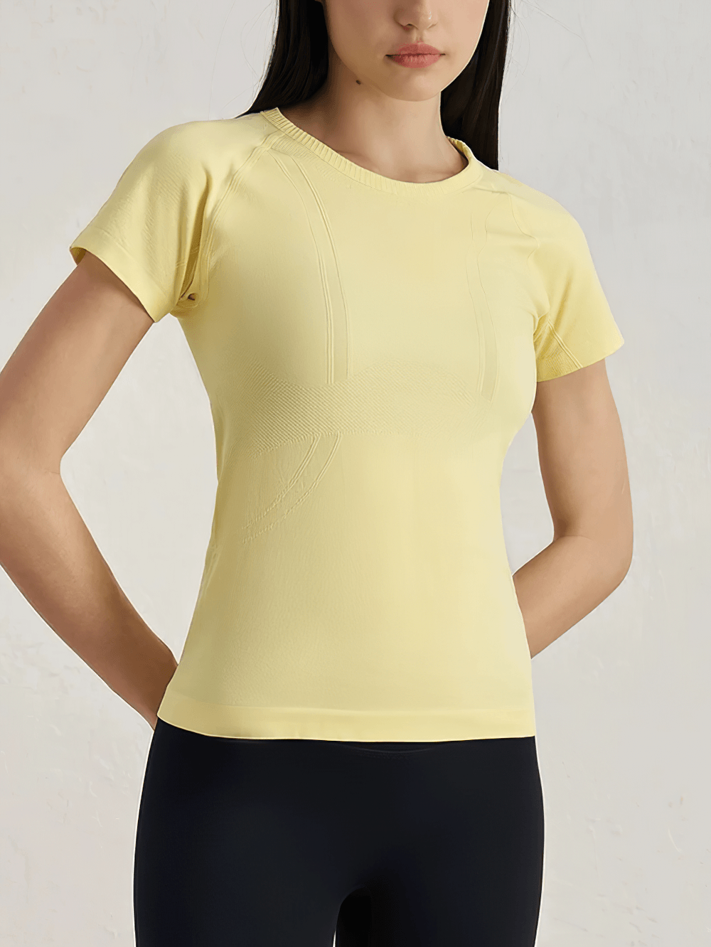 Alt Tag: Women's Elastic Round Neck Activewear T-Shirt - SF4462 yellow quick-dry seamless knit yoga gym short sleeve fitted top