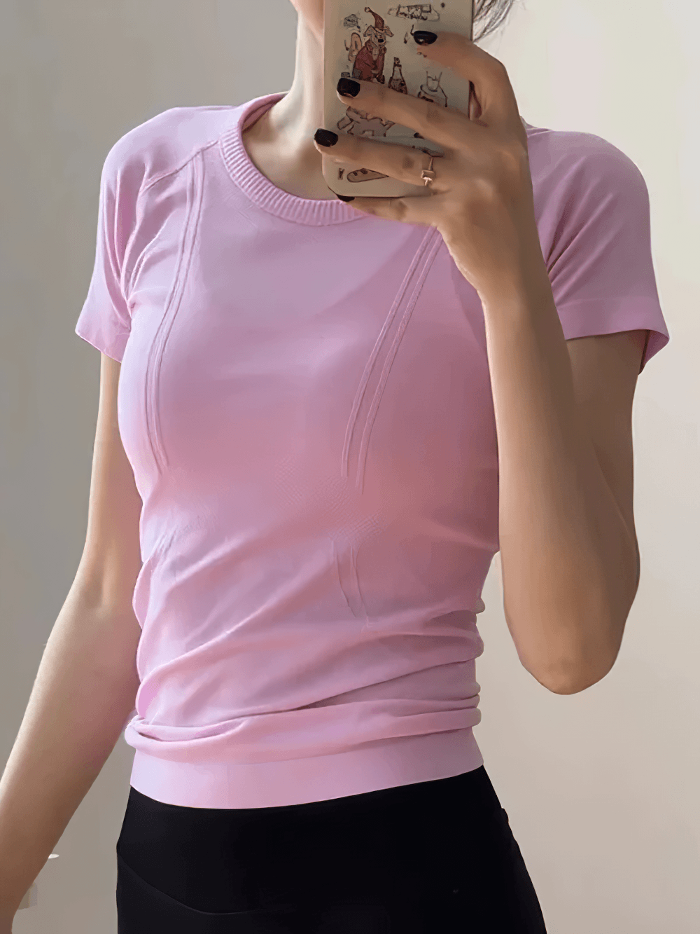Alt Tag: Women's Elastic Round Neck Activewear T-Shirt - SF4462 pink quick-dry yoga tee with short sleeves and sculpting panels
