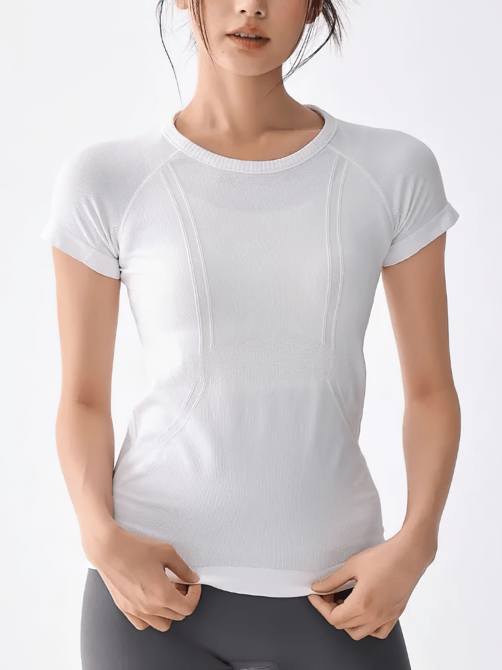Alt Tag: Women's Elastic Round Neck Activewear T-Shirt - SF4462 white quick-dry seamless knit round neck short sleeve fitted yoga top