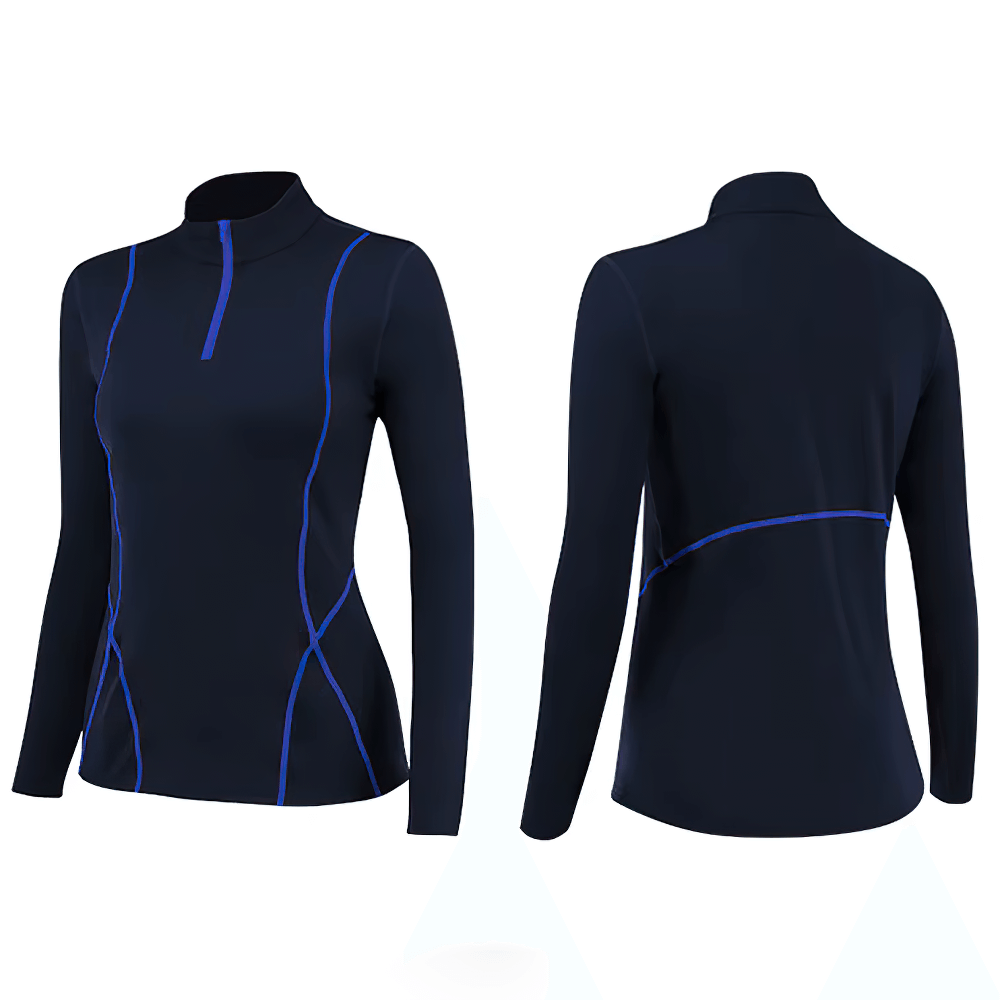 Black women's thermal base layer long sleeve with blue accents for winter activities such as skiing, snowboarding, and trekking.