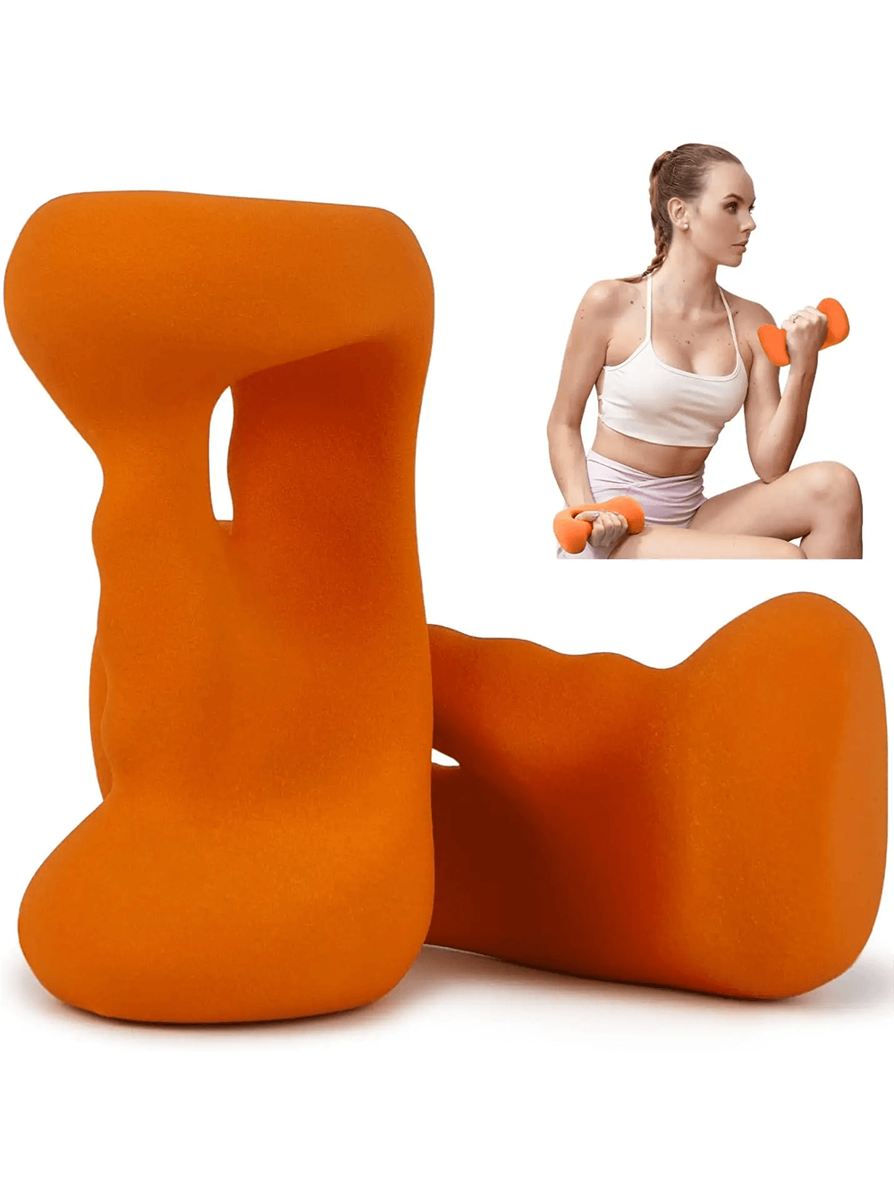 Women's ergonomic orange dumbbell set for Pilates with a model demonstrating use. Perfect fitness accessory SF3383.