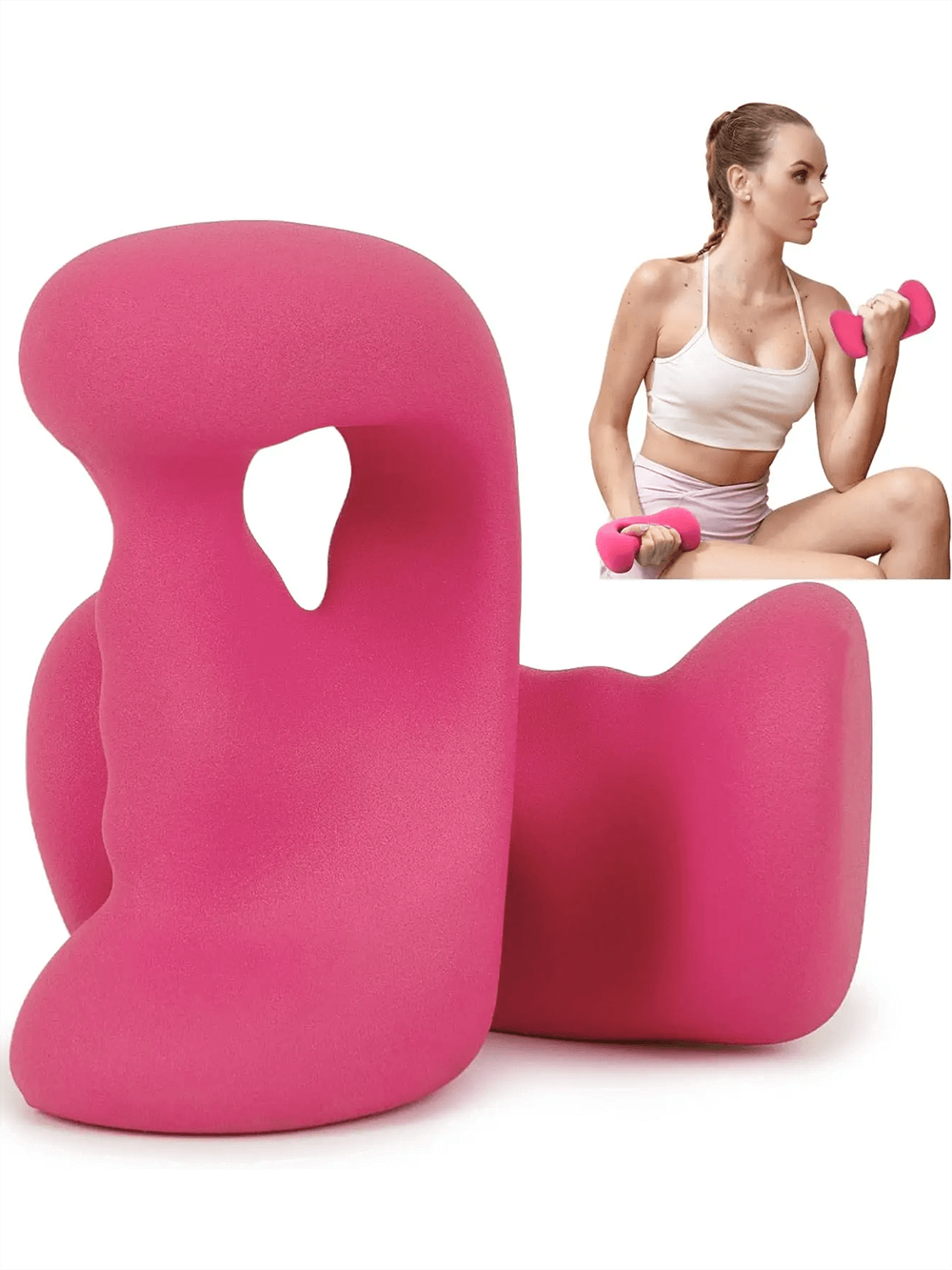 Women's ergonomic dumbbell set for pilates, pink color, includes a fitness model showcasing exercise use. Model SF3383.