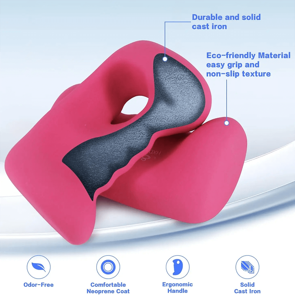 Pink ergonomic dumbbell set with durable cast iron, eco-friendly grip, for Pilates. Comfortable neoprene coat. Odor-free design.