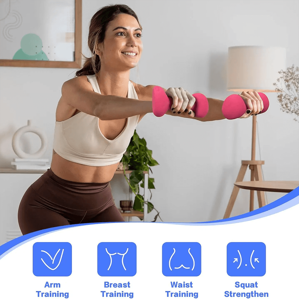 Woman using ergonomic pink dumbbells for Pilates; focuses on arm, breast, waist, and squat training in a home workout setting.