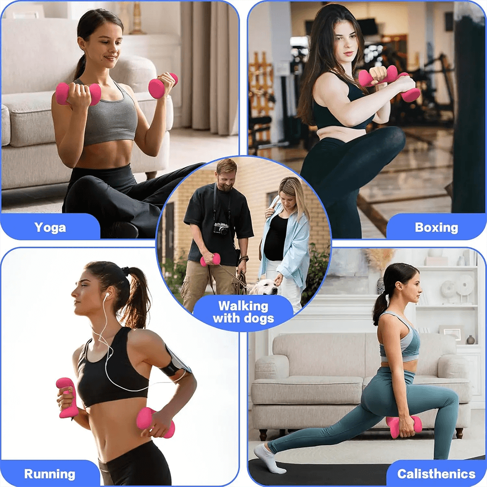 Women using pink dumbbells for yoga, boxing, running, dog walking, and calisthenics, highlighting versatility and comfort.