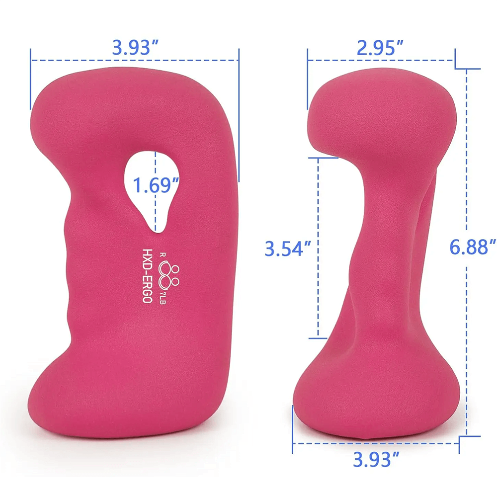 Pink ergonomic dumbbell set for Pilates, model SF3383, showing dimensions for effective workout grip and support.