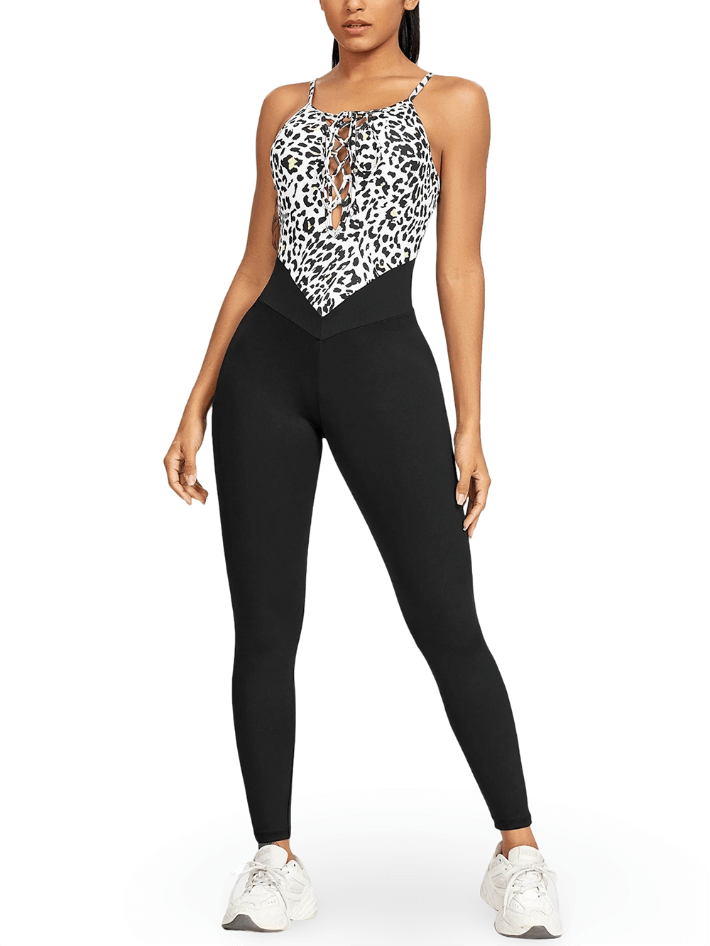 Alt Tag: Women's Fitness Jumpsuit with Crisscross Back - SF4288 leopard print sleeveless patchwork bodysuit with high-waisted black leggings