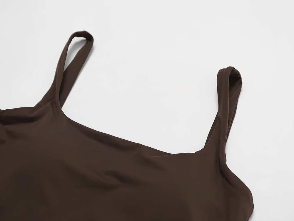 Women's fitted tank top with square neckline in dark brown, perfect for casual styling and versatile wardrobe addition.