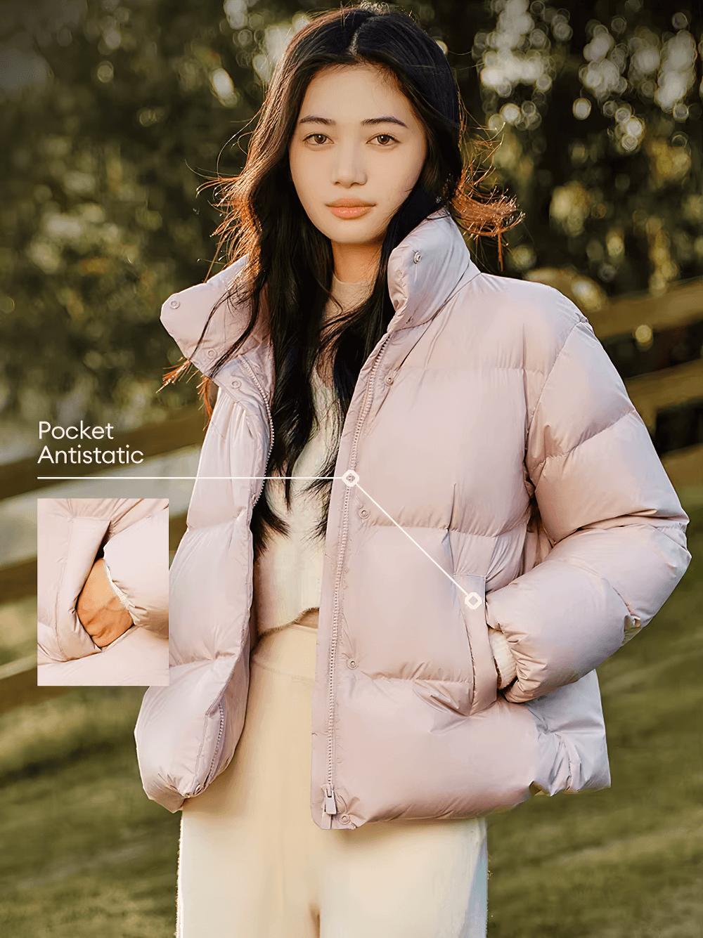 Women's goose down jacket with stand-up collar, showcasing antistatic pocket feature, perfect for casual winter wear.