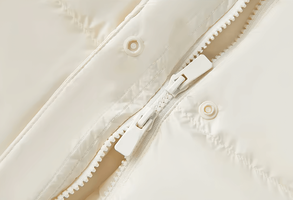 Close-up of white goose down jacket zipper detail with stand-up collar design for women's winter coat.