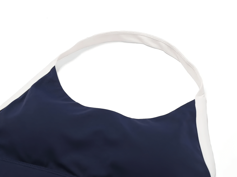 Women's Halter Sports Bra with Contrast Trim in navy and white, SF2453. Perfect for yoga and pilates with breathable open-back design.