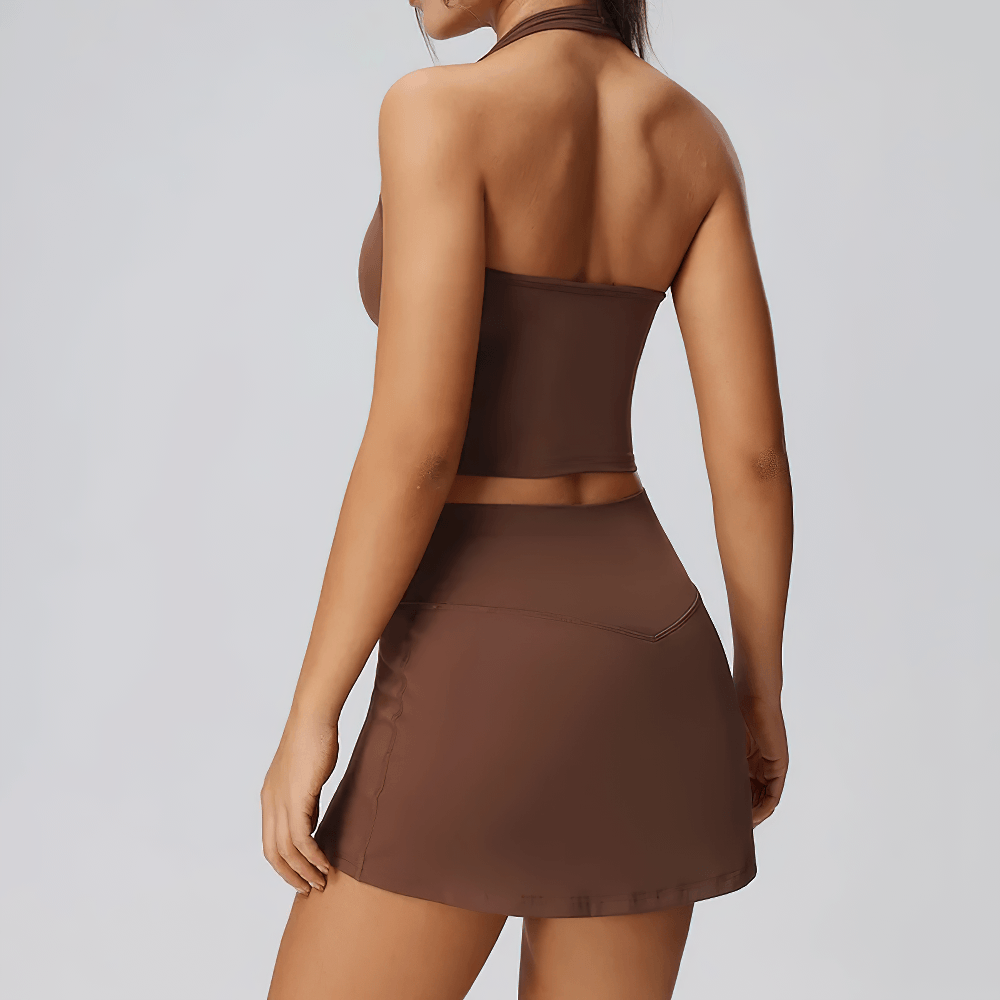 Alt Tag: Women's Halter Tennis Set with High Waist Skirt - SF4422 quick-dry halter top and high-waist skirt set, back view