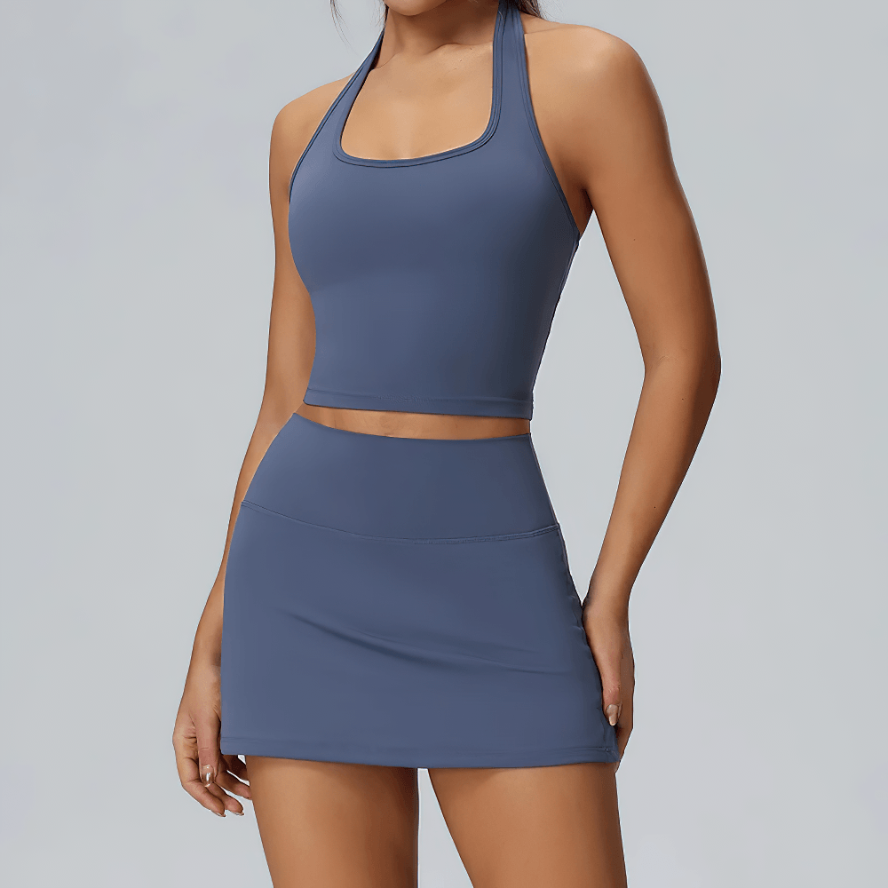 Alt Tag: Women's Halter Tennis Set with High Waist Skirt - SF4422 blue quick-dry halter top and high-waist skirt activewear set