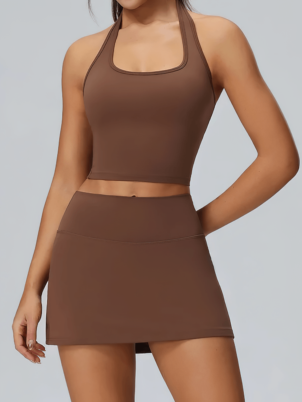 Alt Tag: Women's Halter Tennis Set with High Waist Skirt - SF4422 brown quick-dry halter top and high waist skirt for tennis, yoga, golf