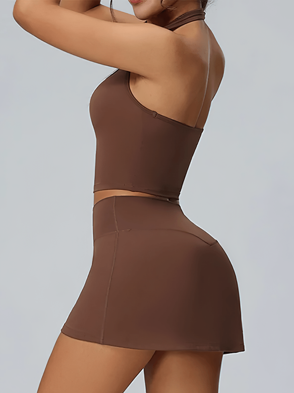 Alt Tag: Women's Halter Tennis Set with High Waist Skirt - SF4422 brown halter top and high waist skirt quick-dry yoga golf outfit