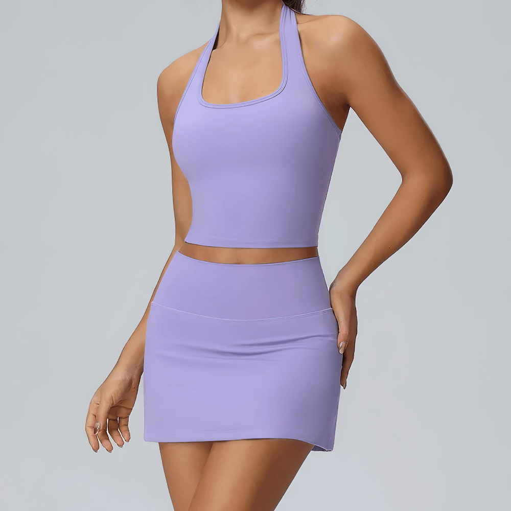 Alt Tag: Women's Halter Tennis Set with High Waist Skirt - SF4422 lilac quick-dry halter top and high-waist skirt for tennis, yoga, golf