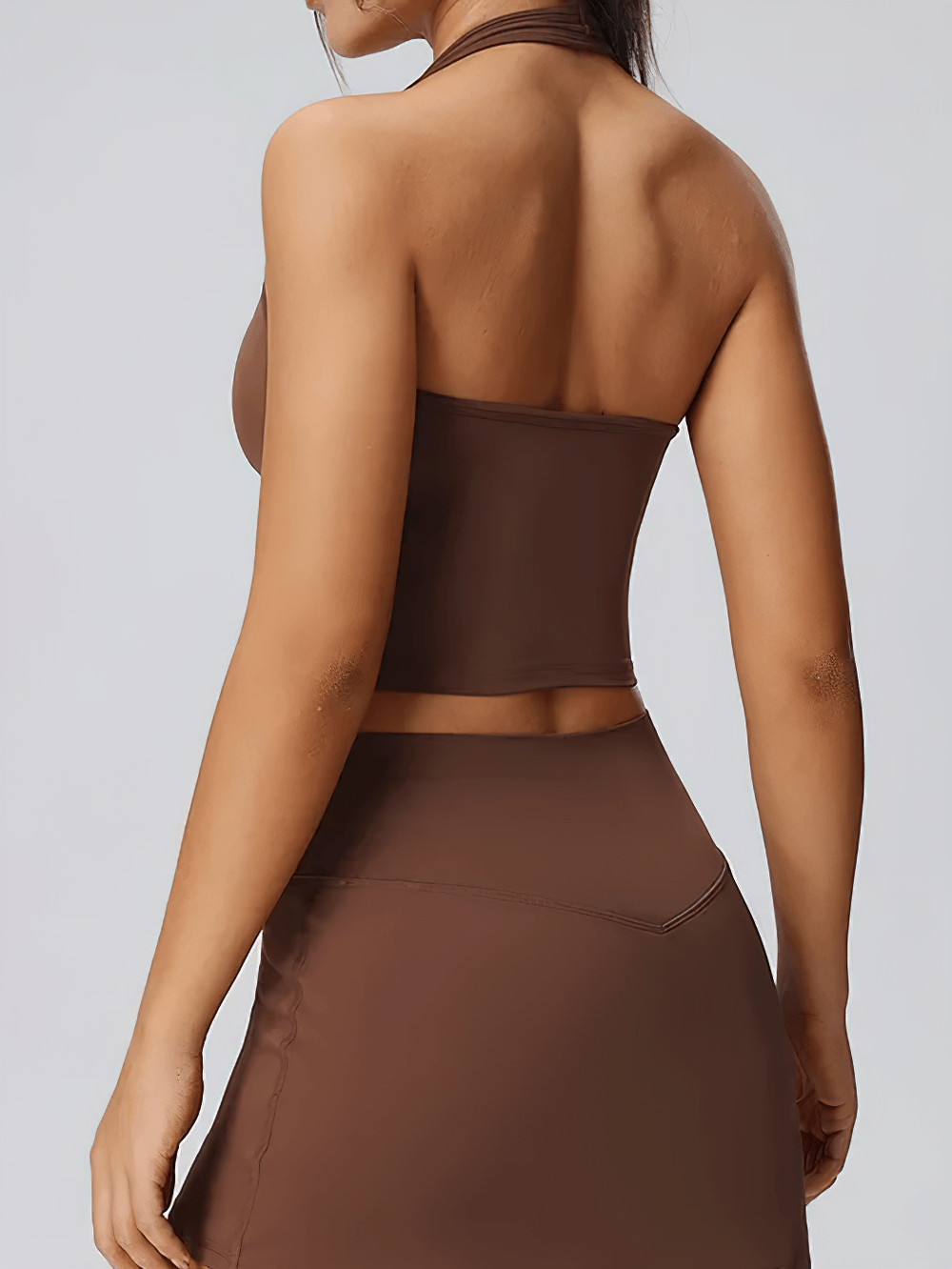 Alt Tag: Women's Halter Yoga Crop Top for Gym and Training - SF4423 backless halter crop top, stretch fit, open-back studio workout tank in brown