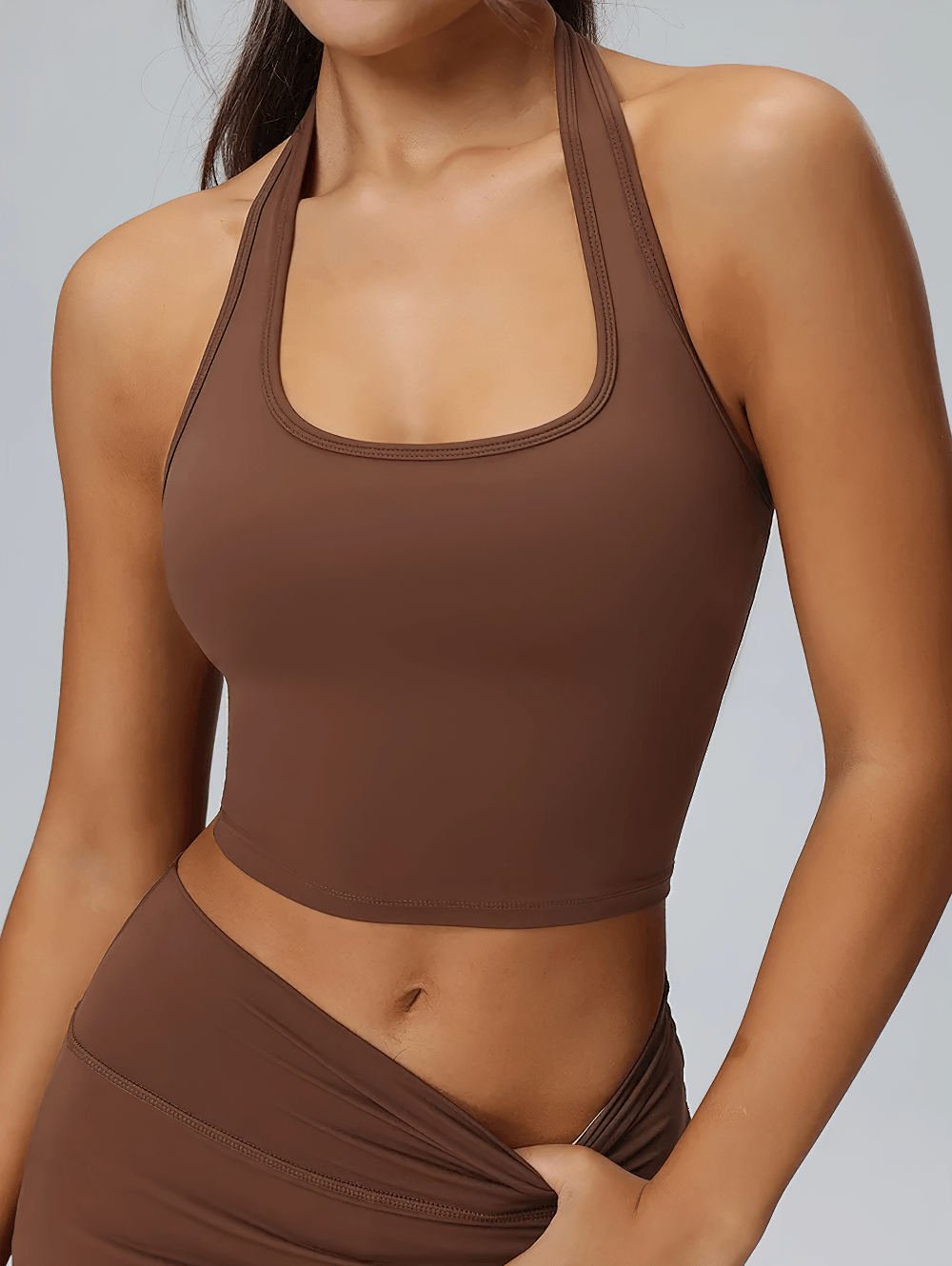 Alt Tag: Women's Halter Yoga Crop Top for Gym and Training - SF4423 brown backless halter crop tank, stretch fit for yoga, pilates, gym