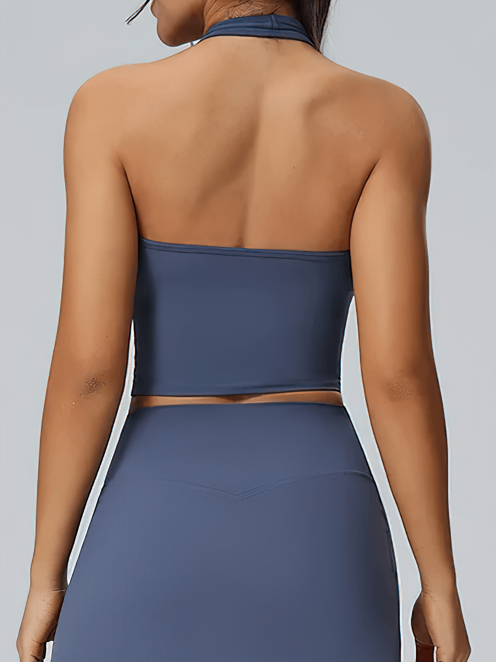 Alt Tag: Women's Halter Yoga Crop Top for Gym and Training - SF4423 backless open-back sleeveless crop top with high-waist leggings