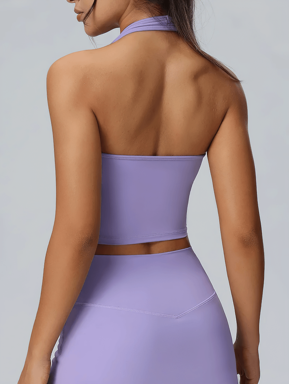 Alt Tag: Women's Halter Yoga Crop Top for Gym and Training - SF4423 backless halter crop tank, stretch fit open back, studio workout top