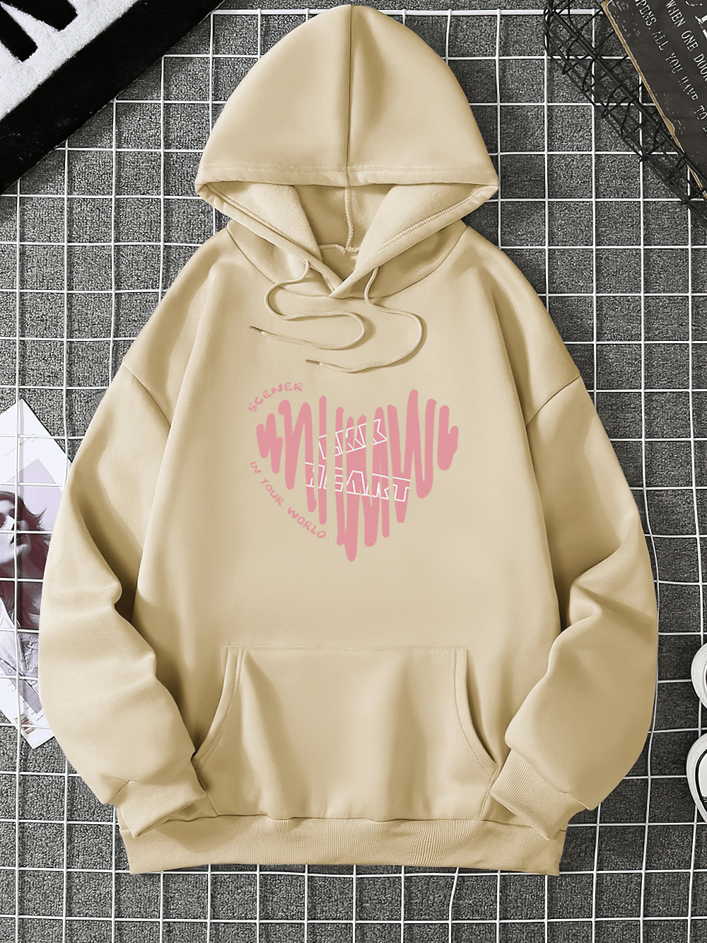 Alt Tag: Women's Heart Print Casual Sports Hoodie - SF4528 beige hoodie with pink heart graphic and kangaroo pocket