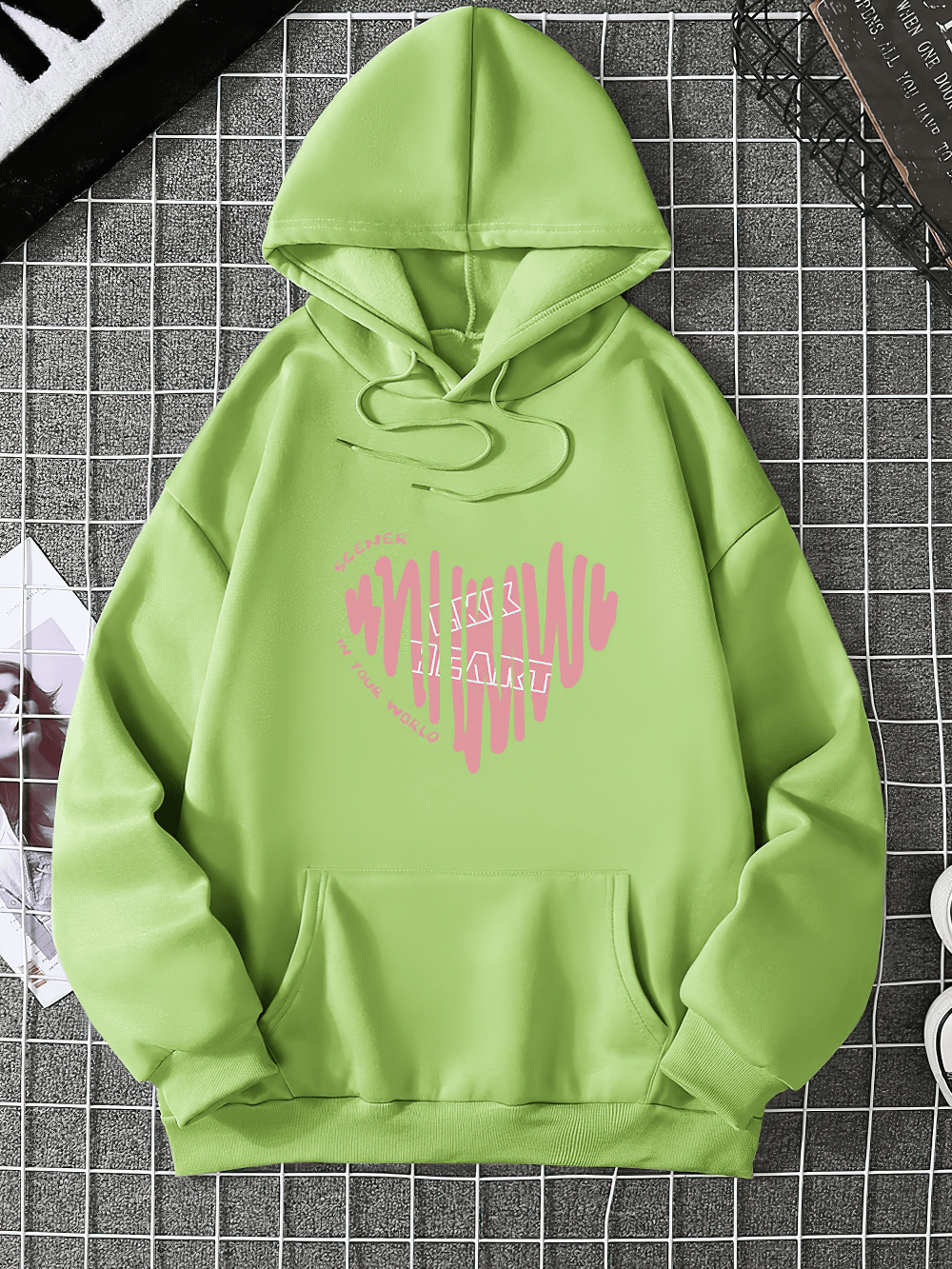 Alt Tag: Women's Heart Print Casual Sports Hoodie - SF4528 green hoodie with pink heart graphic, kangaroo pocket, casual sporty style