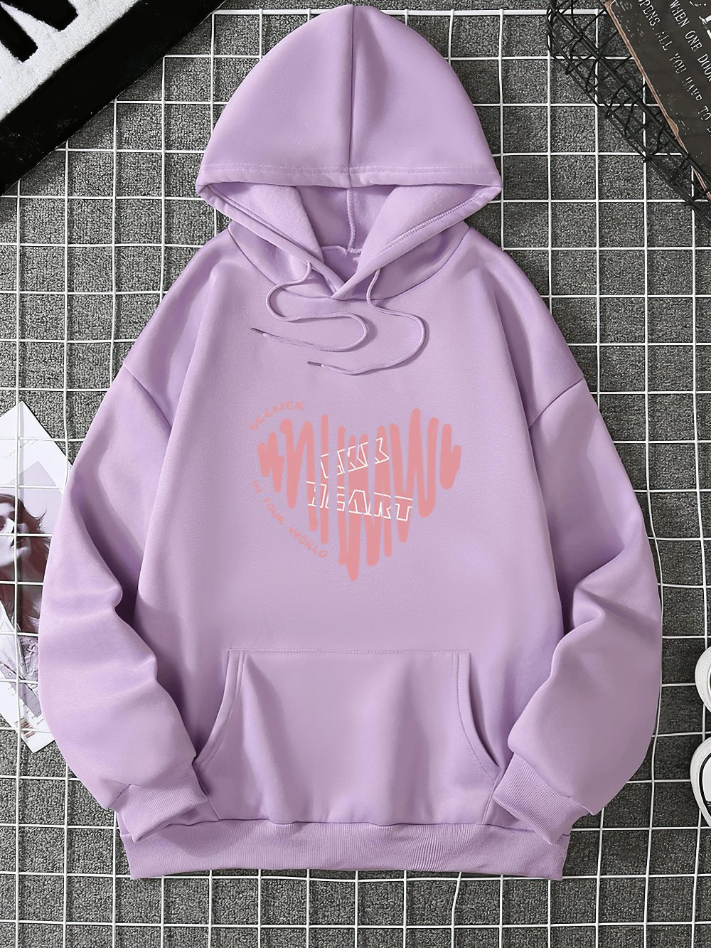 Alt Tag: Women's Heart Print Casual Sports Hoodie - SF4528 lavender hoodie with pink heart graphic and kangaroo pocket