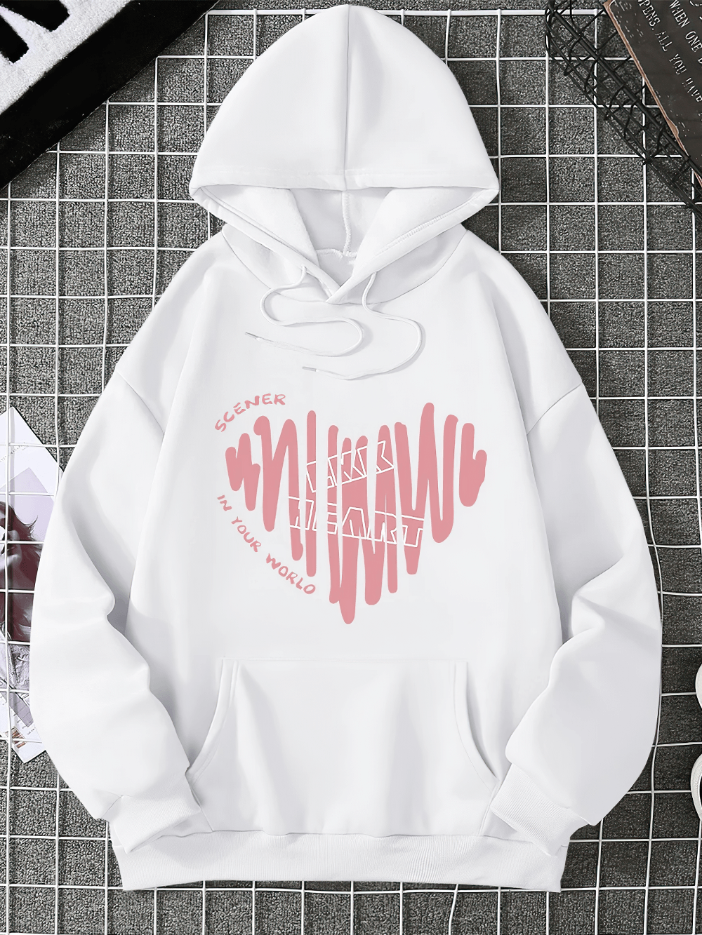 Alt Tag: Women's Heart Print Casual Sports Hoodie - SF4528 white hoodie with pink heart graphic and kangaroo pocket, sporty casual fit